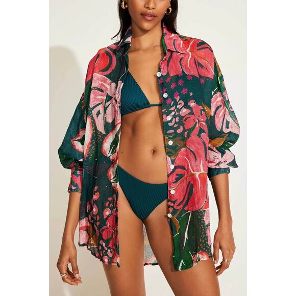 Vitamin A Playa Linen Oversized Shirt Painted Jungle XS Button Down 100% Linen - Picture 1 of 16